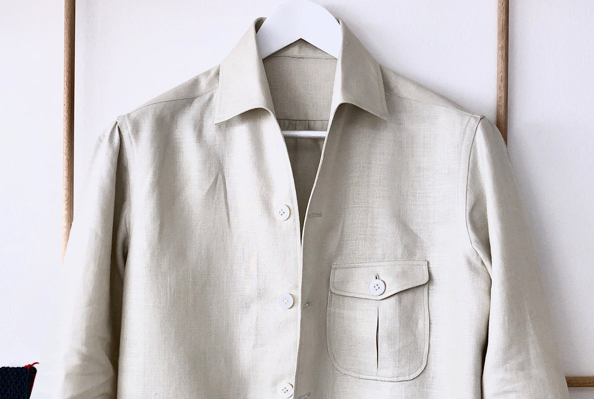 Bespoke shirt jacket, single needle with pignata safari pockets. Made from pure Italian linen in oatmeal with Australian mother of pearl buttons.