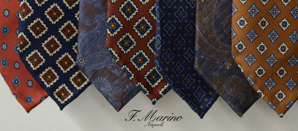 Hand made bespoke ties by F.Marino Napoli. Hand printed pure Italian silk, entirely hand made in Naples. Available at Sartoria Sciarra Sydney, Australia.