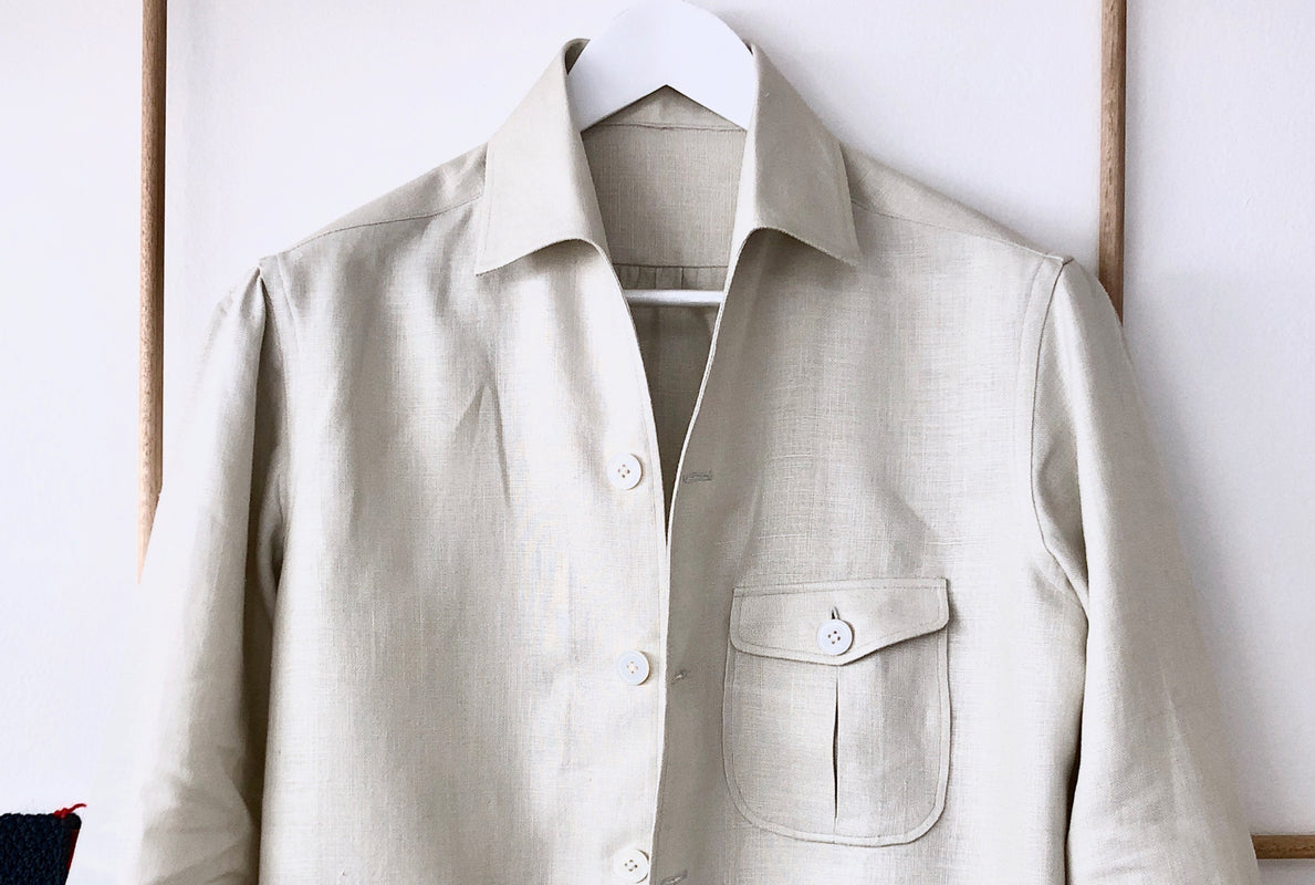 Bespoke shirt jacket, single needle with pignata safari pockets. Made from pure Italian linen in oatmeal with Australian mother of pearl buttons. 