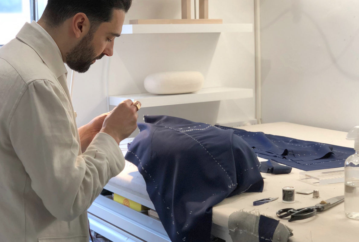 Carl Sciarra, director and bespoke tailor at Sartoria Sciarra. Italian bespoke tailors in Sydney, Australia. Working on a hand made bespoke jacket in the Sydney workroom. 